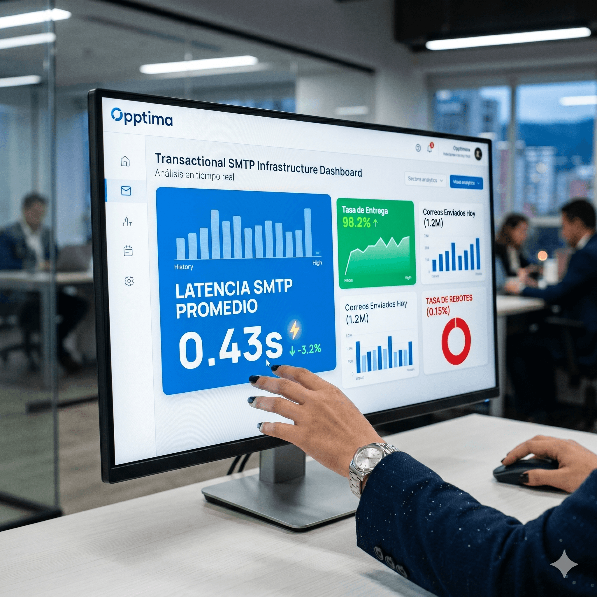Dashboard de infraestructura y entregas SMTP Transaccional de Opptima mostrando latencia de 0.43 segundos
