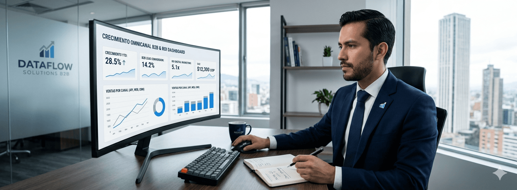 Emprendedor B2B analizando el crecimiento omnicanal y ROI con Opptima Email Marketing