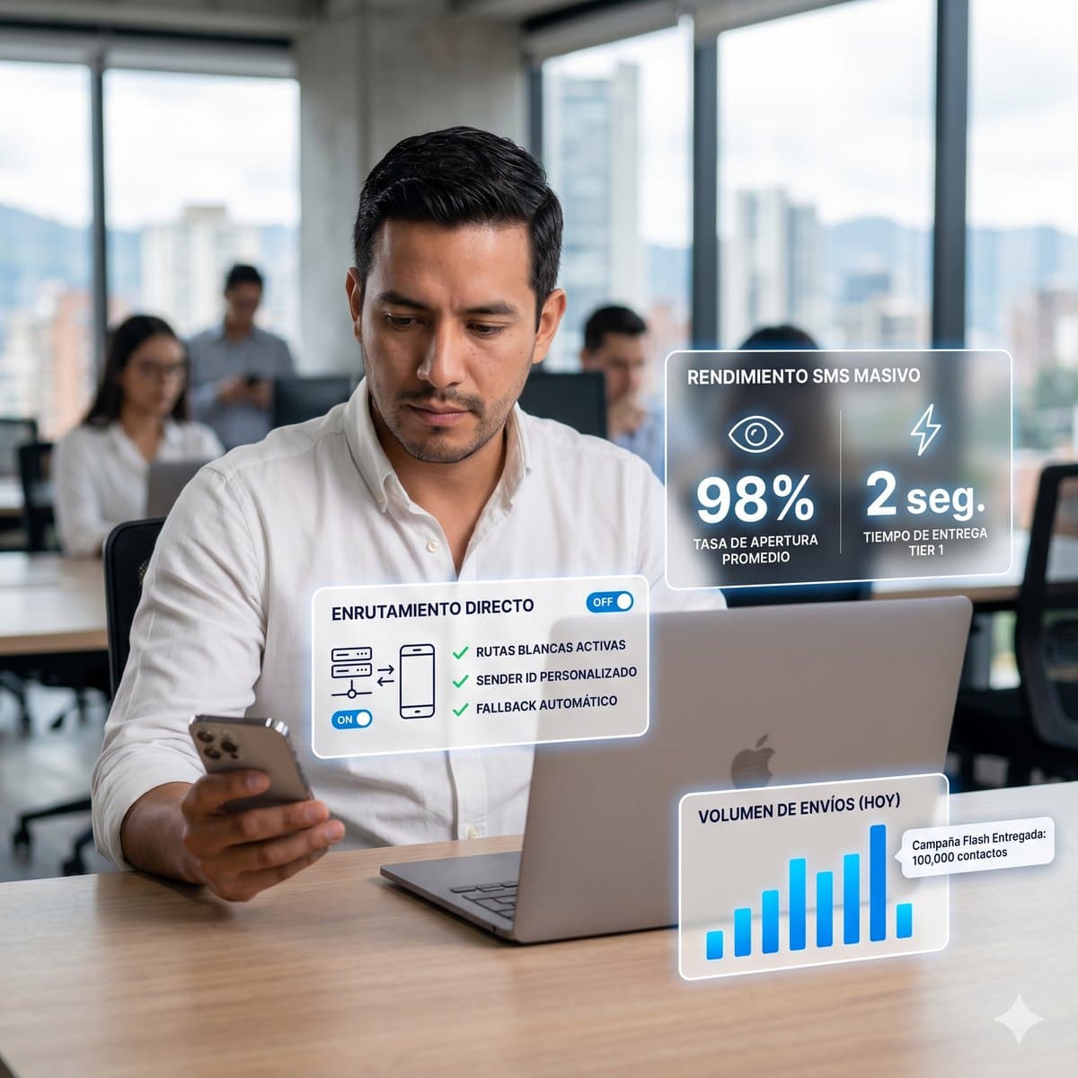 Dashboard de rendimiento de SMS Masivo B2B de Opptima mostrando un 98% de tasa de apertura y enrutamiento por rutas blancas directas