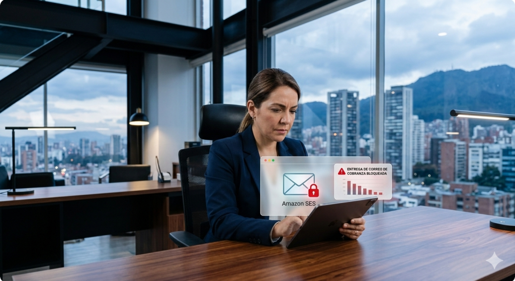 Profesional analizando alerta de bloqueo de entregabilidad de correos en un entorno de oficina tecnológica.
